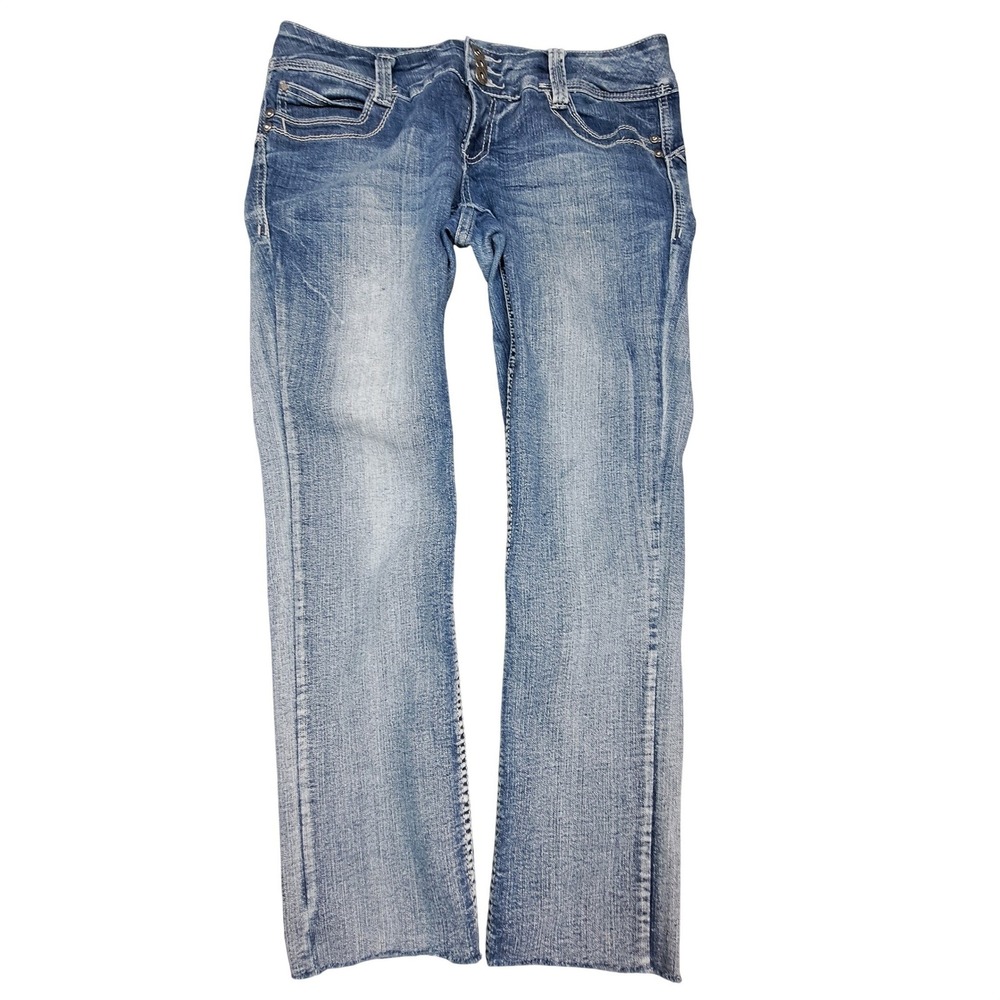 Ariya Jeans Sweet Cheeks Medium Wash Bootcut Triple Button Raw Hem Jeans 11/12